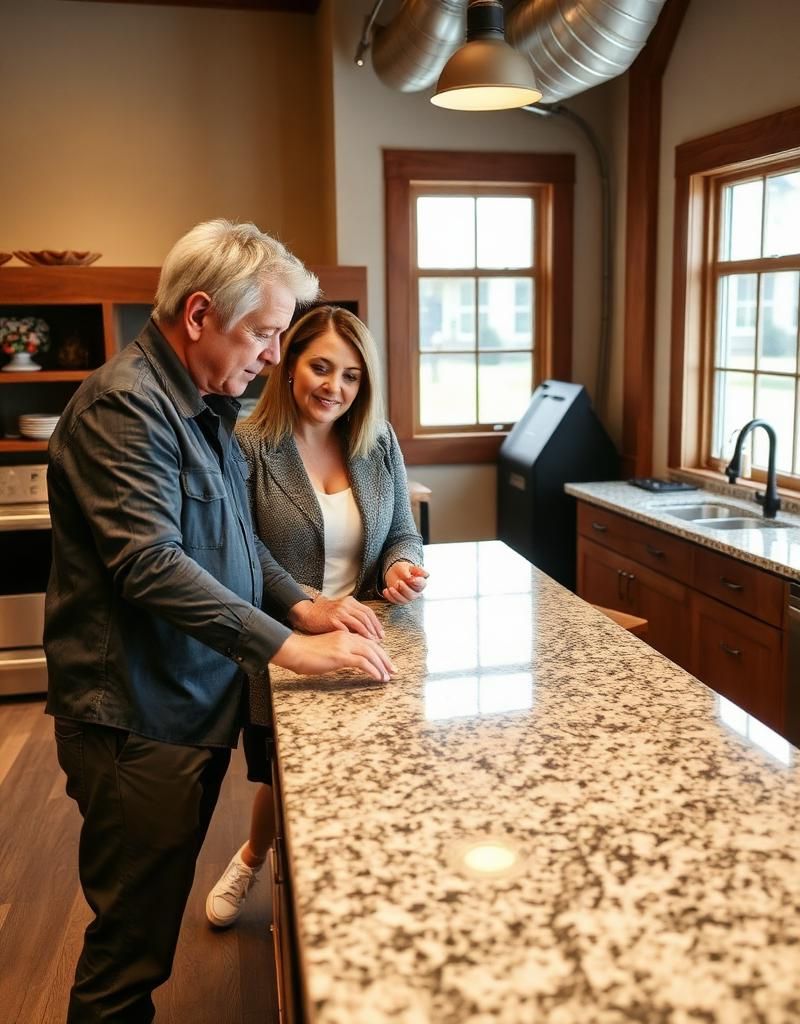 Two people consulting over granite countertop samples in our Regina showroom
