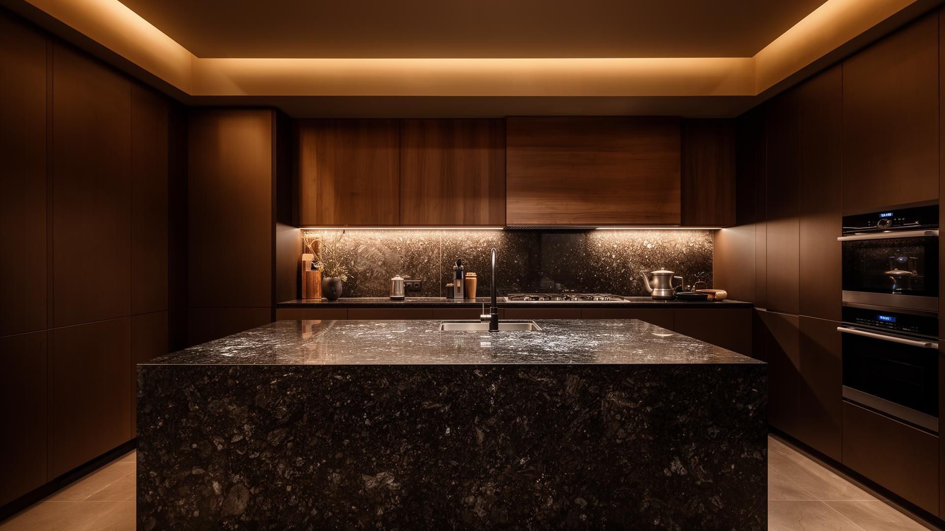 Luxurious modern kitchen with dark granite countertops and warm ambient lighting