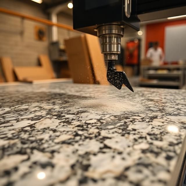 CNC machine cutting a granite slab in our fabrication facility