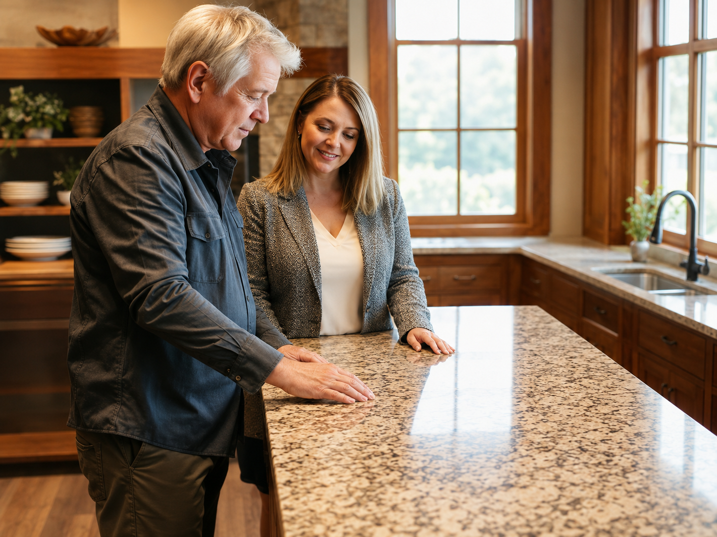 Two people consulting over granite countertop samples in our Regina showroom